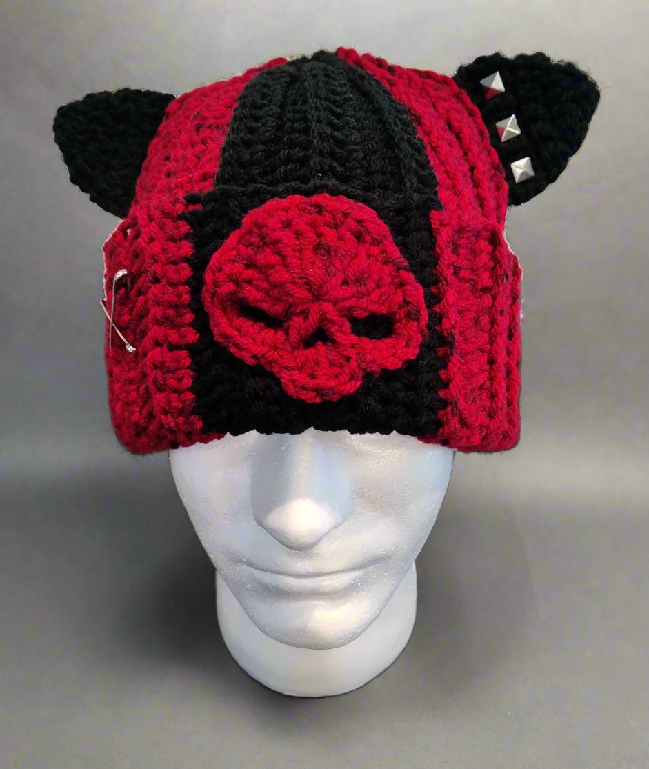 Cat Ear Skull Beanie Speckled Blood Red & Black