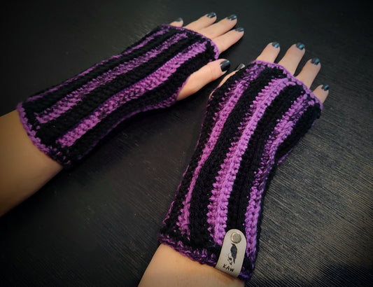 Stripey Peculiar Purple & Black Fingerless Gloves