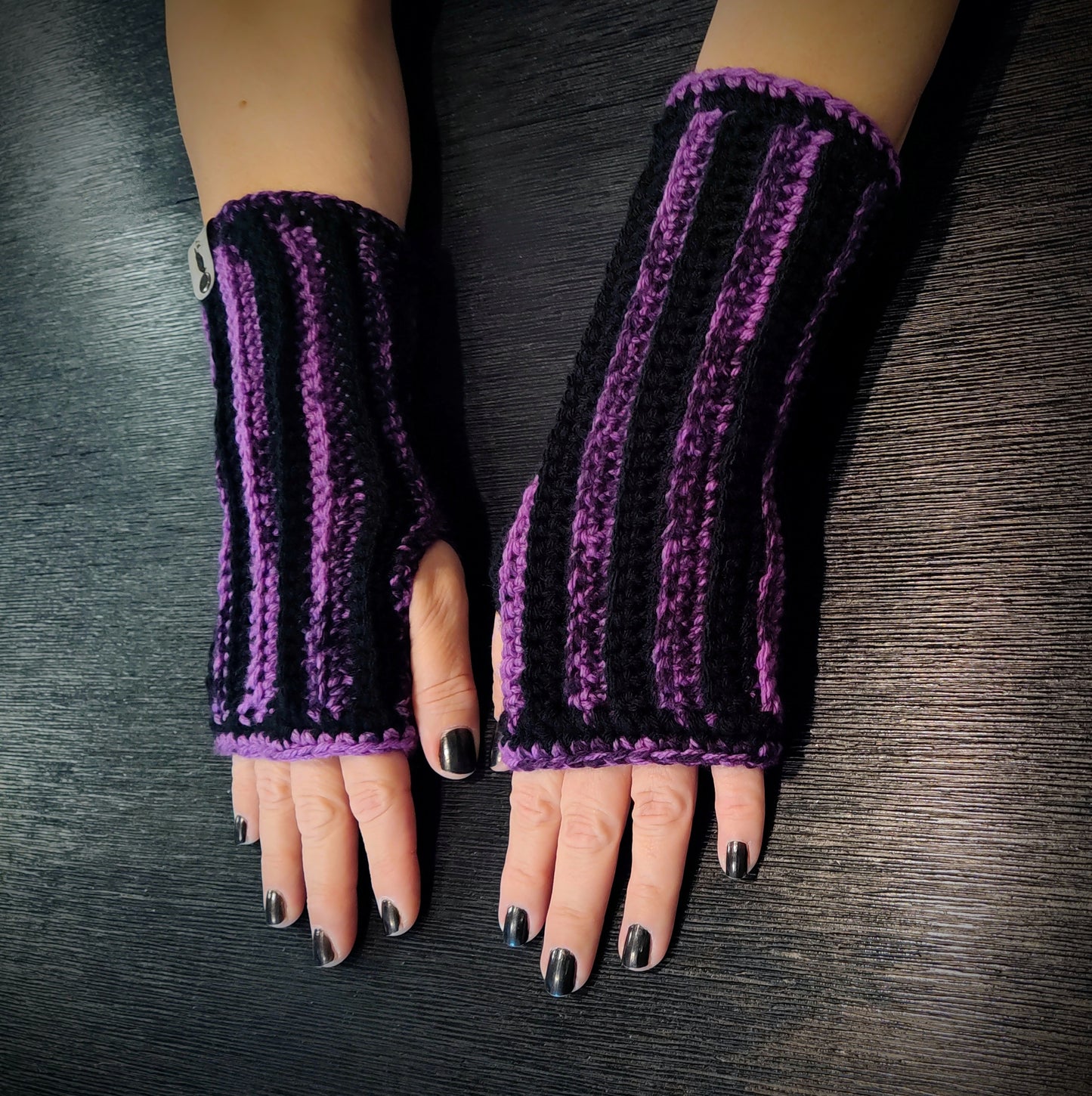 Stripey Peculiar Purple & Black Fingerless Gloves