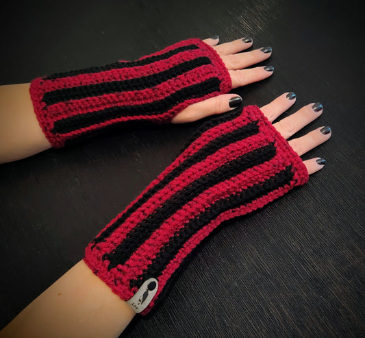 Stripey Blood Red & Black Fingerless Gloves