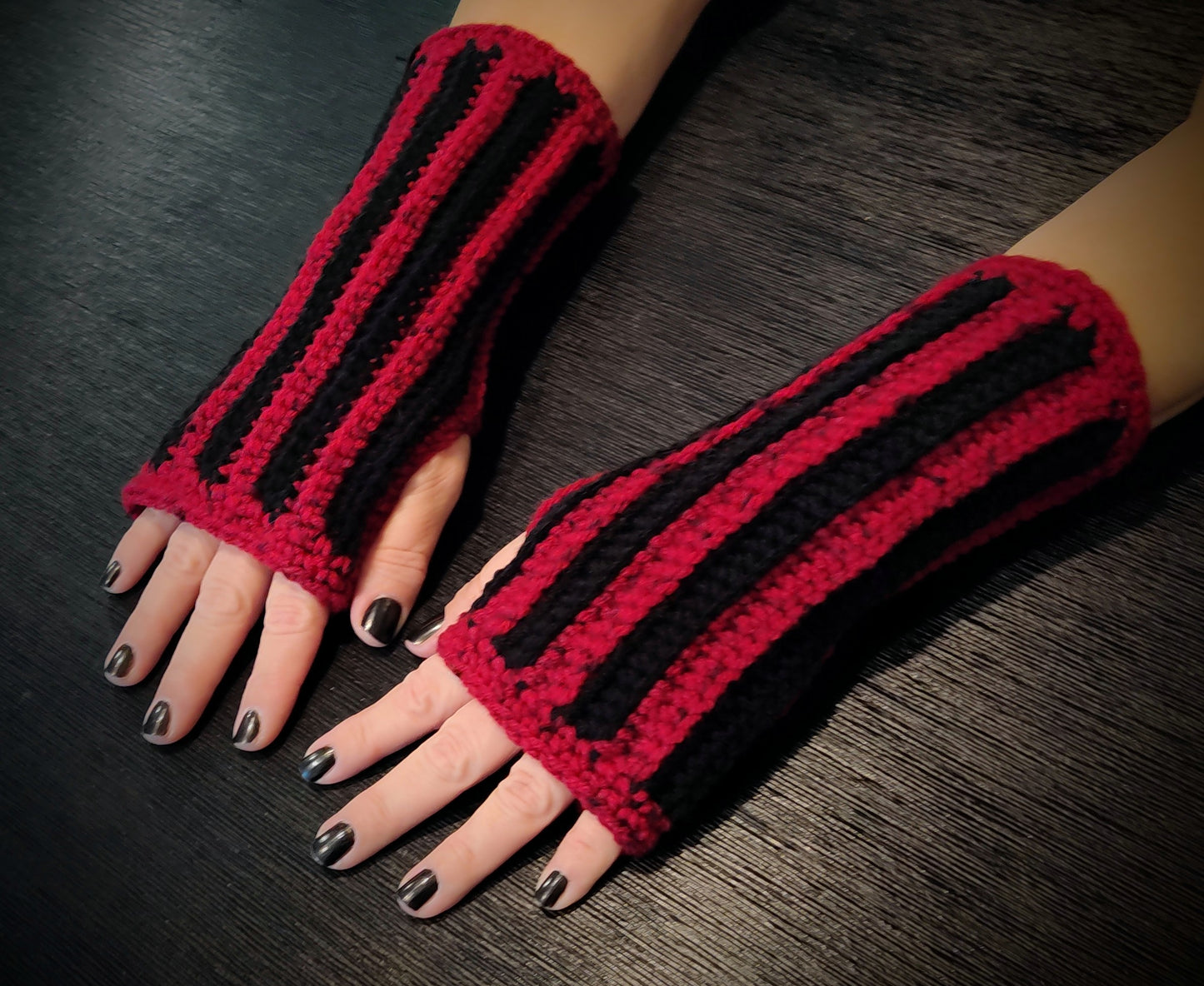 Stripey Blood Red & Black Fingerless Gloves