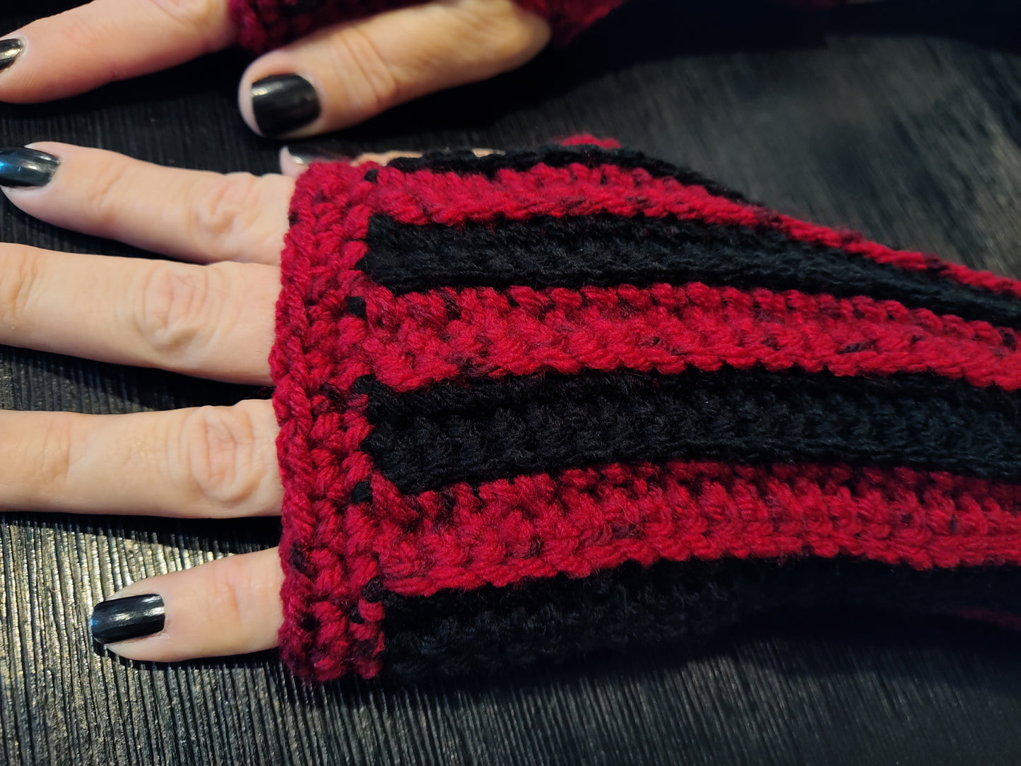 Stripey Blood Red & Black Fingerless Gloves